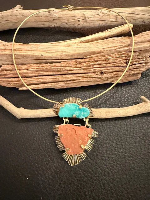 Statement pendant of turquoise and sandstone on a brass collar — Artisana Designs
